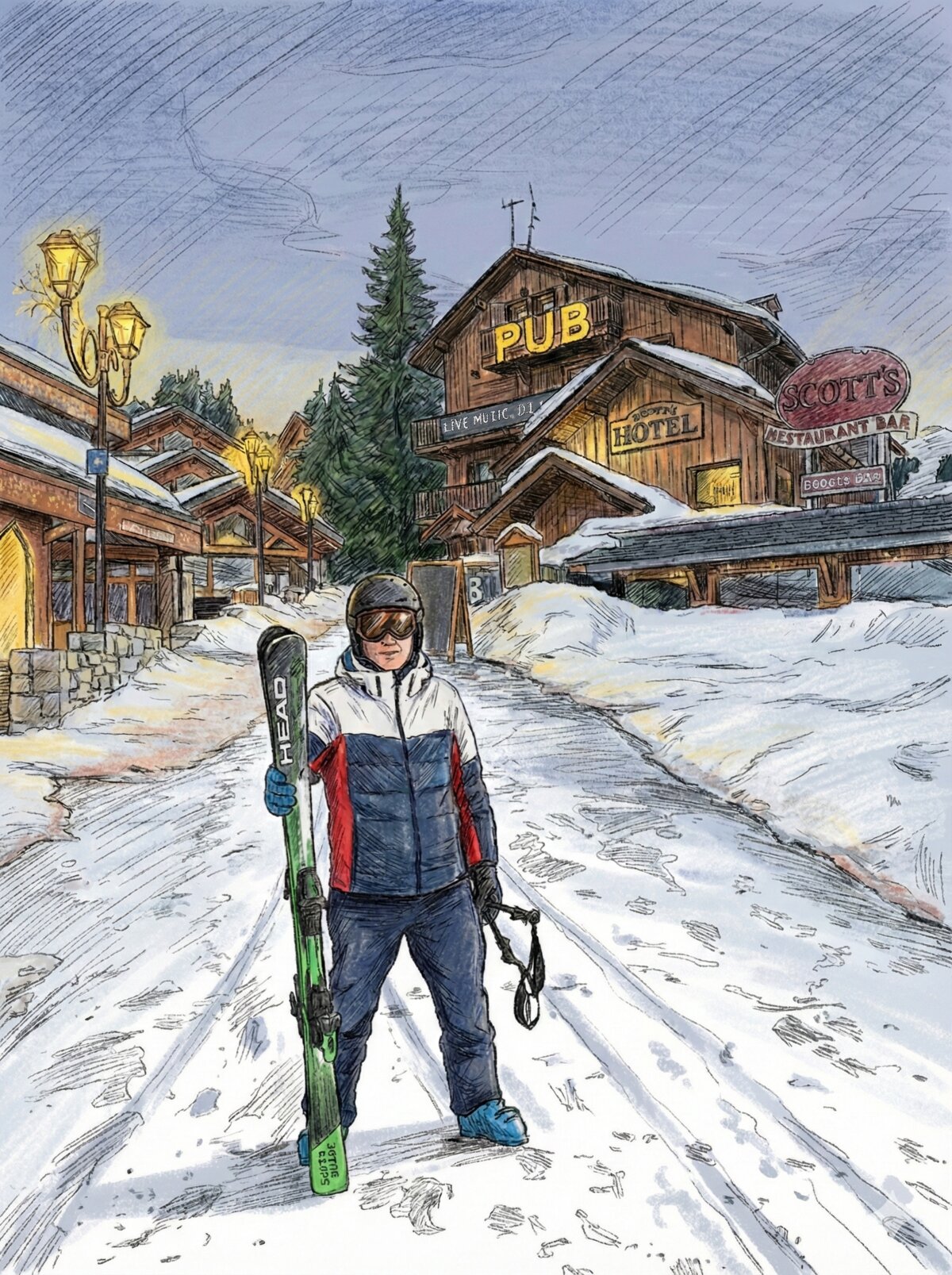 Alpine ski village illustration